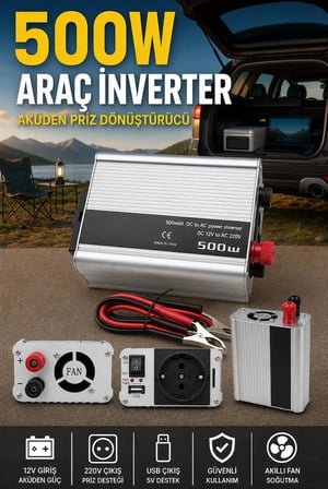 500W Fanlı Akü İnverteri 12V DC Giriş 220V AC Çıkış USB Portlu Taşınabilir Araç Kullanımı