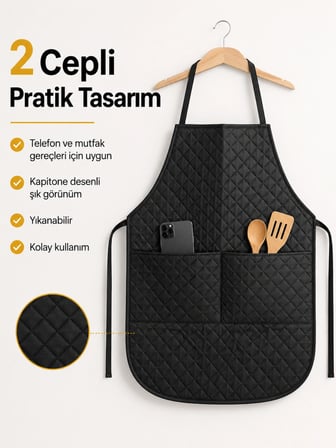 Beylini Kapitone Cepli Mutfak Önlüğü Sıvı Geçirmez Leke Tutmaz Yıkanabilir 2 Geniş Cep Aşçı Yemek Bulaşık Kirlenme Önleyici Önlük