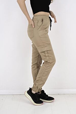 Bel Ve Paça Lastikli Yanları Kargo Cep Kadın Pantolon-19000