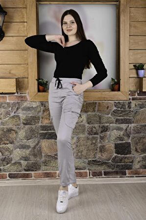 BEL VE PAÇA LASTİKLİ YANLARI KARGO CEP FERMUARLI BAYAN  PANTOLON-4444