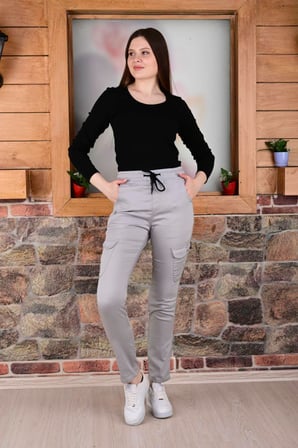 BLACK STEEL BEL VE PAÇA LASTİKLİ YANLARI KARGO CEP FERMUARLI  Kadın PANTOLON-4444