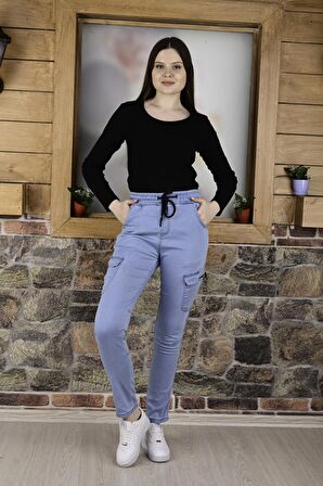 BLACK STEEL BEL VE PAÇA LASTİKLİ YANLARI KARGO CEP FERMUARLI  Kadın PANTOLON-4444