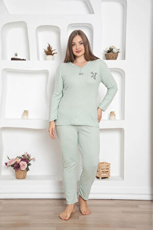 MLALE Yeşil İnce Fitilli Raporlu İnterlok Kadın Pijama Takımı 4082-Y