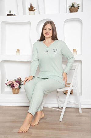 MLALE Yeşil İnce Fitilli Raporlu İnterlok Kadın Pijama Takımı 4082-Y
