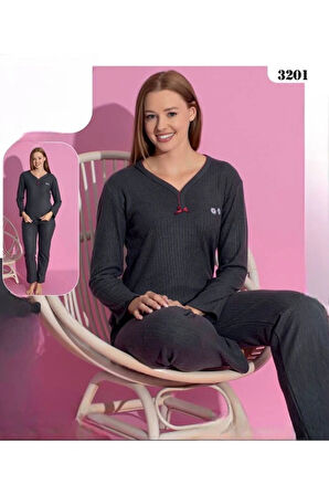 MLALE Füme Kalın Raporlu İnterlok Kadın Pijama Takımı 1303-3201