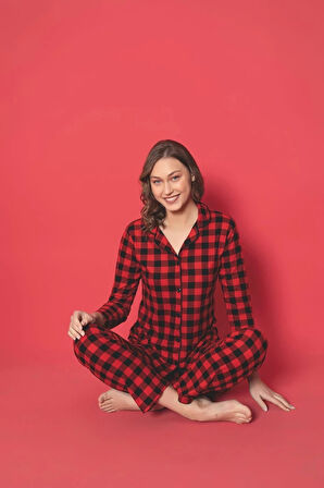 MLALE Ekose Desenli Süet Kadın Pijama Takımı 2055