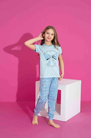 TARP Mavi Fiyonk Baskılı Kız Çocuk Pijama Takımı 2973-M