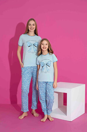 TARP Mavi Fiyonk Baskılı Kız Çocuk Pijama Takımı 2973-M