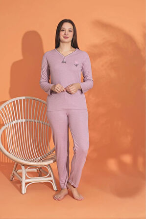 MLALE Koyu Pembe İnce Fitilli Raporlu İnterlok Kadın Pijama Takımı 3155