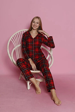 MLALE Kırmızı Ekose Desenli Süet Kadın Pijama Takımı 3210