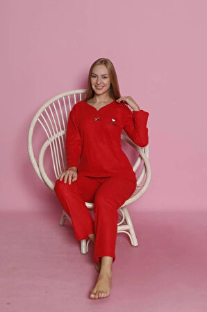 MLALE Kırmızı Kalın Raporlu İnterlok Kadın Pijama Takımı 3212