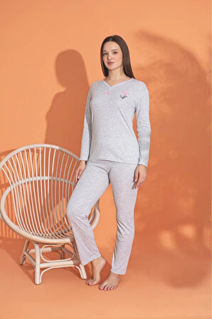 MLALE Bej İnce Fitilli Raporlu İnterlok Kadın Pijama Takımı 3240