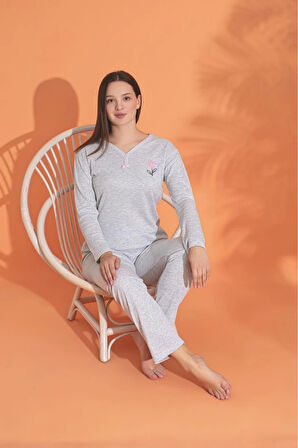 MLALE Bej İnce Fitilli Raporlu İnterlok Kadın Pijama Takımı 3240