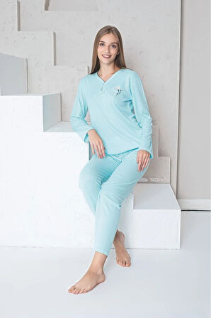 MLALE Maviş İnce Fitilli Raporlu İnterlok Kadın Pijama Takımı 5151-MA