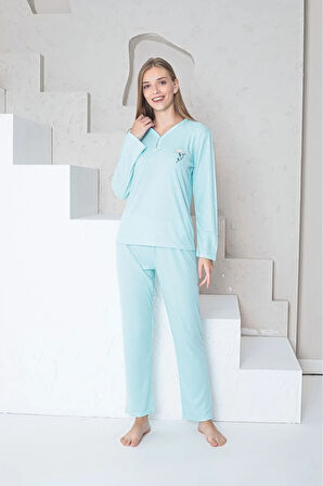 MLALE Maviş İnce Fitilli Raporlu İnterlok Kadın Pijama Takımı 5151-MA
