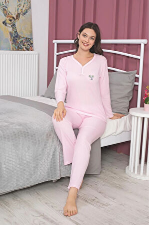 MLALE Pembe İnce Fitilli Raporlu İnterlok Kadın Pijama Takımı 5152-P