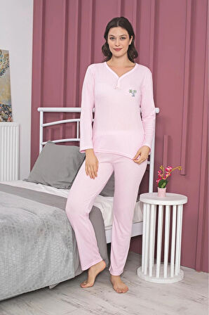 MLALE Pembe İnce Fitilli Raporlu İnterlok Kadın Pijama Takımı 5152-P