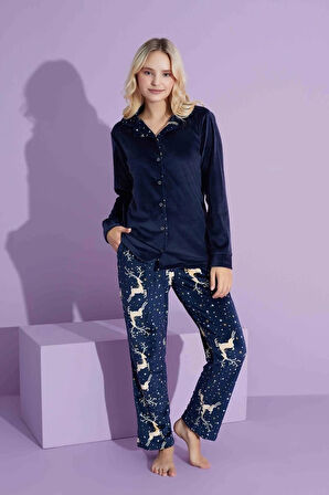 TARP Lacivert Kadife Önden Düğmeli Anne Pijama Takımı 6428-L