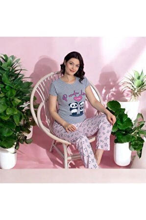MLALE Panda Desenli Suprem Kumaş Kısa Kollu Kadın Pijama Takımı 3395-G