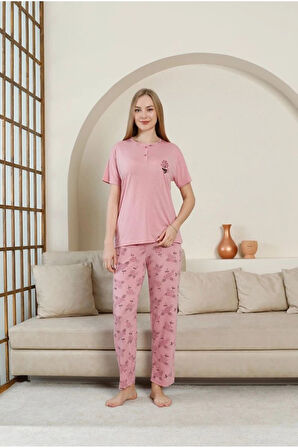 GLİSA Gül Kurusu Önden 2 Düğmeli Viskon Kumaş Kısa Kollu Kadın Pijama Takımı 5533-GK