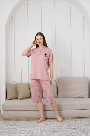 GLİSA Gül Kurusu Önden 2 Düğmeli Viskon Kumaş Kısa Kollu Kaprili Kadın Pijama Takımı 6031-GK