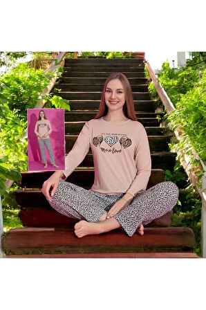 MLALE Leopar Kalp Desenli Suprem Kumaş Uzun Kollu Kadın Pijama Takımı 1498-L