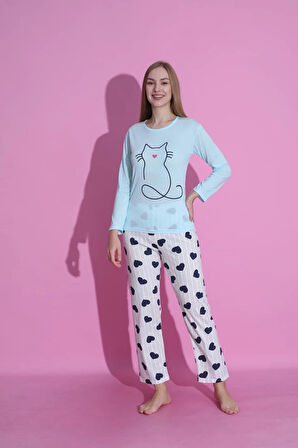 MLALE Kedicik Desenli Suprem Kumaş Uzun Kollu Bayan Pijama Takımı 3408-M