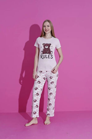 MLALE Rules Ayıcık Desenli Suprem Kumaş Kısa Kollu Bayan Pijama Takımı 1477-P