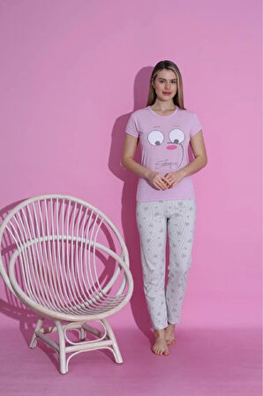 MLALE Ayıcık Desenli Suprem Kumaş Kısa Kollu Kadın Pijama Takımı 3379-P