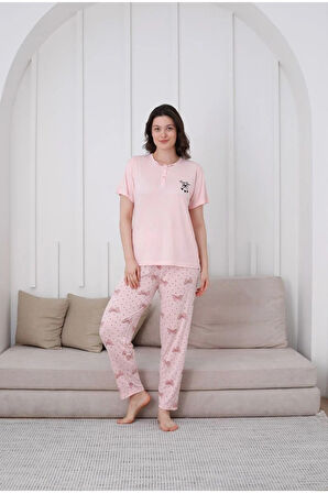 GLİSA Pudra Önden 2 Düğmeli Viskon Kumaş Kısa Kollu Bayan Pijama Takımı 5530-P
