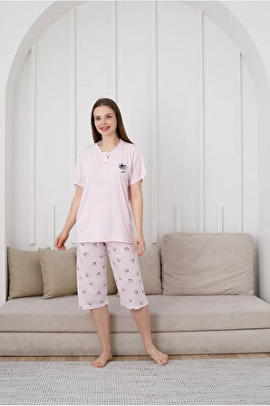 GLİSA Pembe Önden 2 Düğmeli Viskon Kumaş Kısa Kollu Kaprili Bayan Pijama Takımı 6031-P