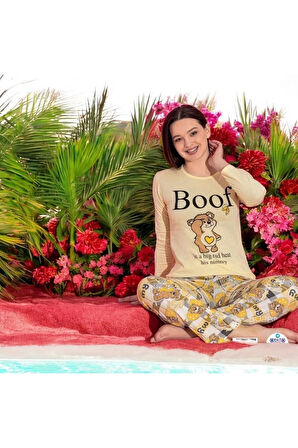 MLALE Sarı Ayıcık Desenli Suprem Kumaş Uzun Kollu Bayan Pijama Takımı 1531-S