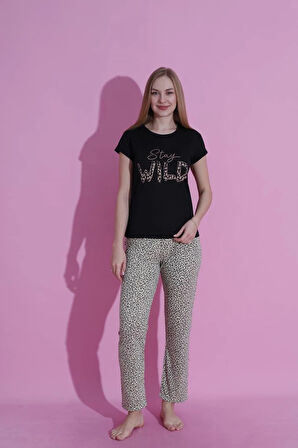 MLALE Stay Wıld Desenli Suprem Kumaş Kısa Kollu Kadın Pijama Takımı 3442-S