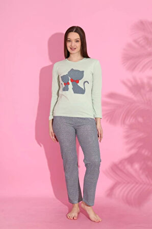 MLALE Kedicik Desenli Suprem Kumaş Uzun Kollu Kadın Pijama Takımı 1528-Y