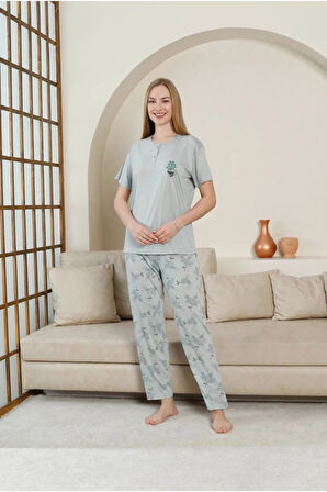 GLİSA Yeşil Önden 2 Düğmeli Viskon Kumaş Kısa Kollu Kadın Pijama Takımı 5533-Y