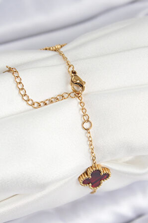 316L Çelik Sedefli Kırmızı Gold Renk Yonca Kadın Bileklik