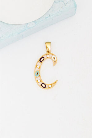 14 Ayar Altın Nazar Boncuklu Göz C Harf Kolye Ucu