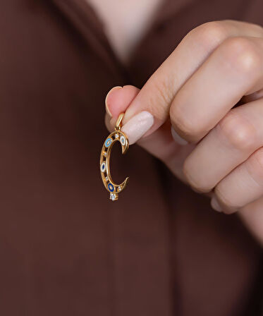 14 Ayar Altın Nazar Boncuklu Göz Ç Harf Kolye Ucu