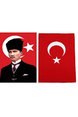 Kalpaklı Atatürk Ve Türk Bayrağı 70105cm. Ata Bayrak Ikili Bayrak