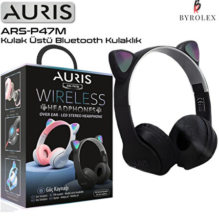 AURIS KATLANAN LED KEDİ KULAK MOTİVİ MİKRO SD KART GİRİŞ 3,5 mm AUX GİRİŞ KULAK ÜSTÜ BLUETOOTH KULAKLIK