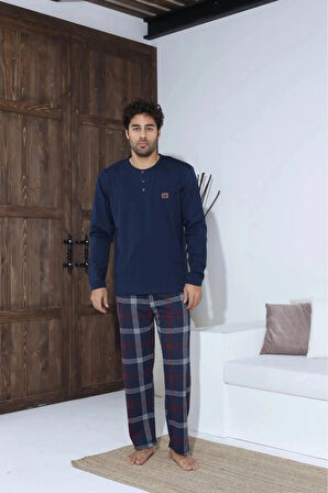 Uzun Kollu Düğmeli Ekose Desen Erkek Pijama Takımı