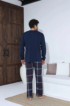 Uzun Kollu Düğmeli Ekose Desen Erkek Pijama Takımı