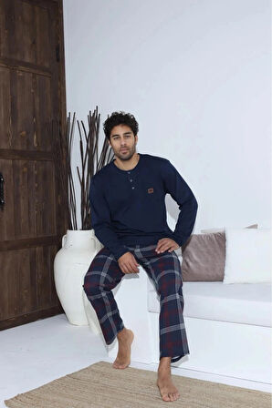 Uzun Kollu Düğmeli Ekose Desen Erkek Pijama Takımı