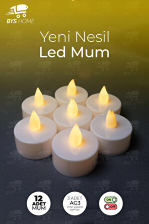 12 Adet Sarı Işıklı Led Mum El Mumu Tealight Piller Dahil Kullanıma Hazır