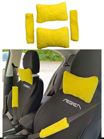 Peluş Ortopedik Araba Seyahat Boyun Yastığı Emniyet Kemer Pedi Seti Sarı