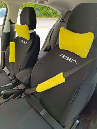 Peluş Ortopedik Araba Seyahat Boyun Yastığı Emniyet Kemer Pedi Seti Sarı