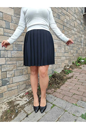 Kısa Kore Okul Tarzı Pileli Astarsız Fermuarlı Dugmelı Portoriko Etek