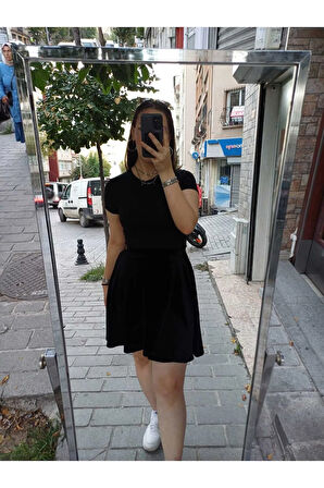 Beli Lastikli Astarsız Diz Boyu Kadife Kloş Etek