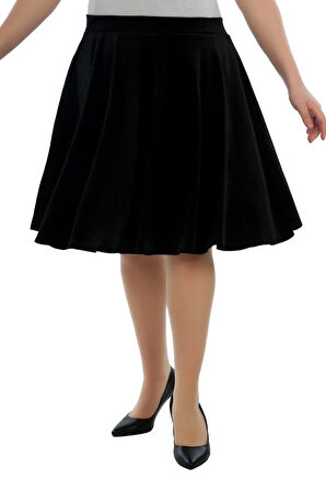 Beli Lastikli Astarsız Diz Boyu Kadife Kloş Etek