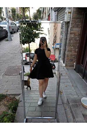 Beli Lastikli Astarsız Diz Boyu Kadife Kloş Etek